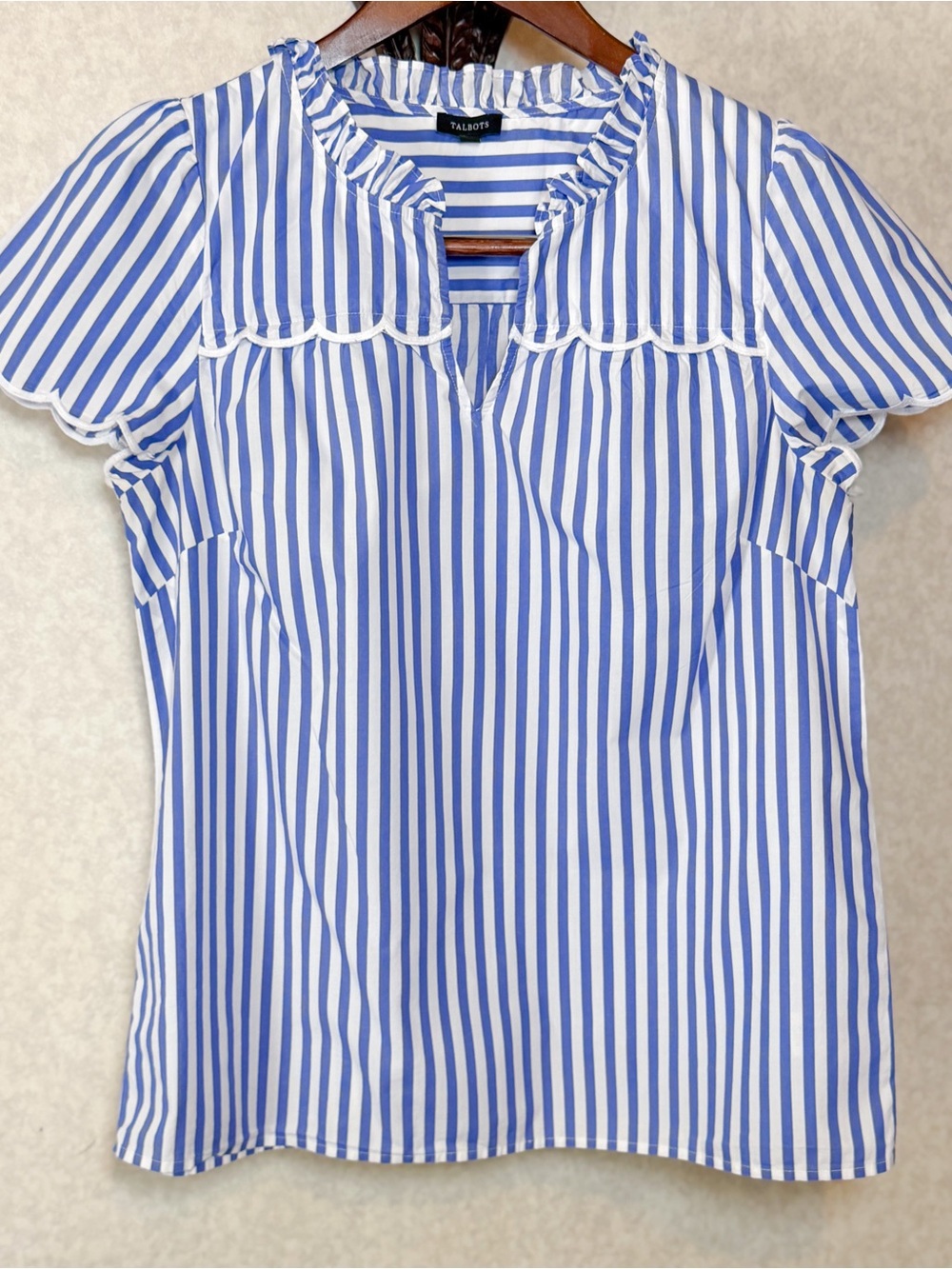 Talbots Blue & White Striped Ruffle Yoke Scalloped Sleeve 100% Cotton Blouse - Picture 2 of 8
